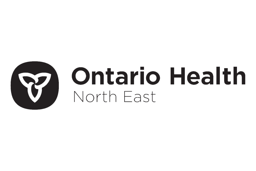 The logo for ontario health north east is black and white.