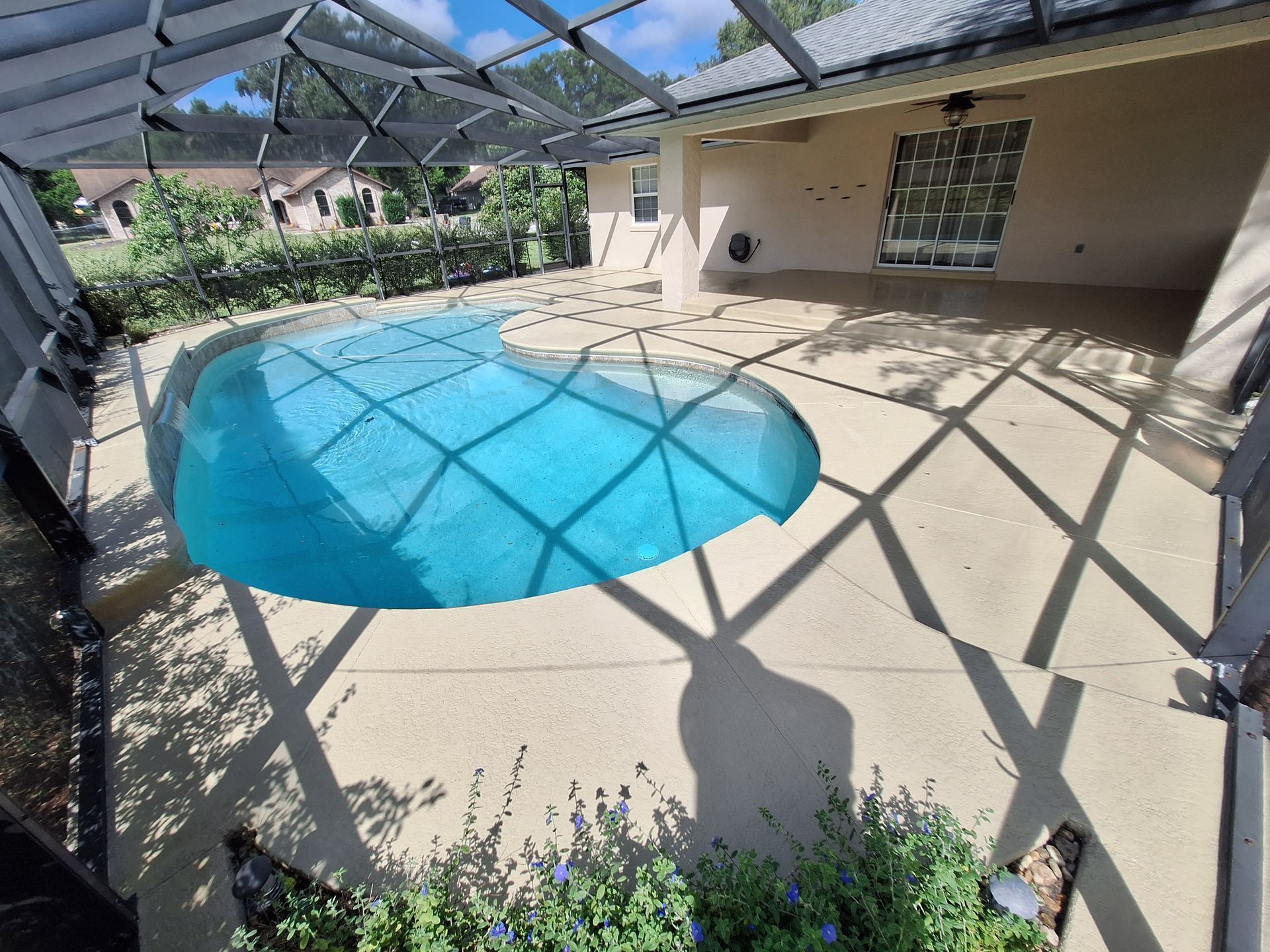 A large swimming pool in the backyard of a house
