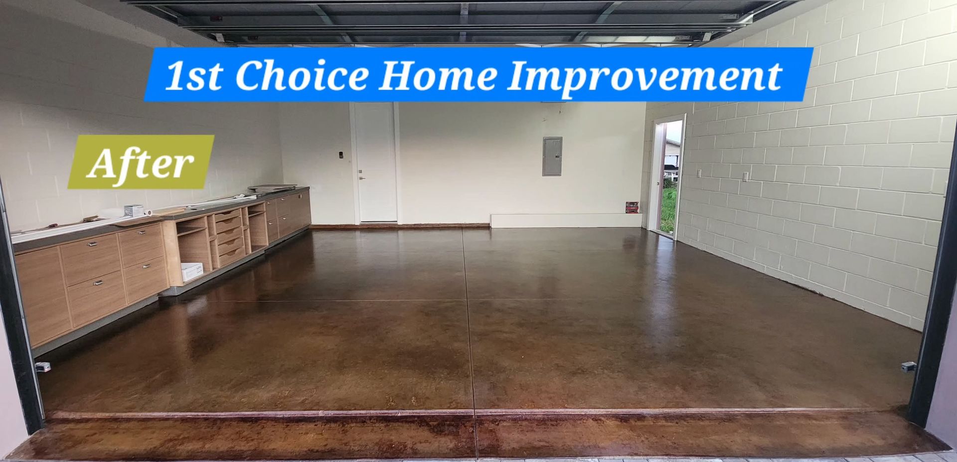 Finished garage interior with brown flooring, wooden cabinets and the words 