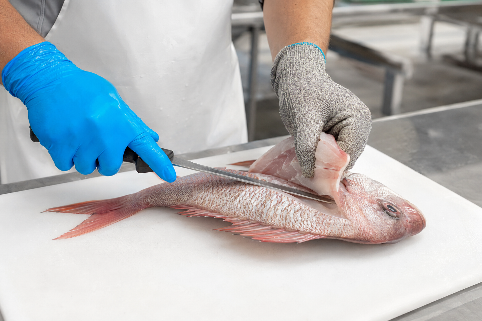Person holding a fresh fish over ice at a seafood market