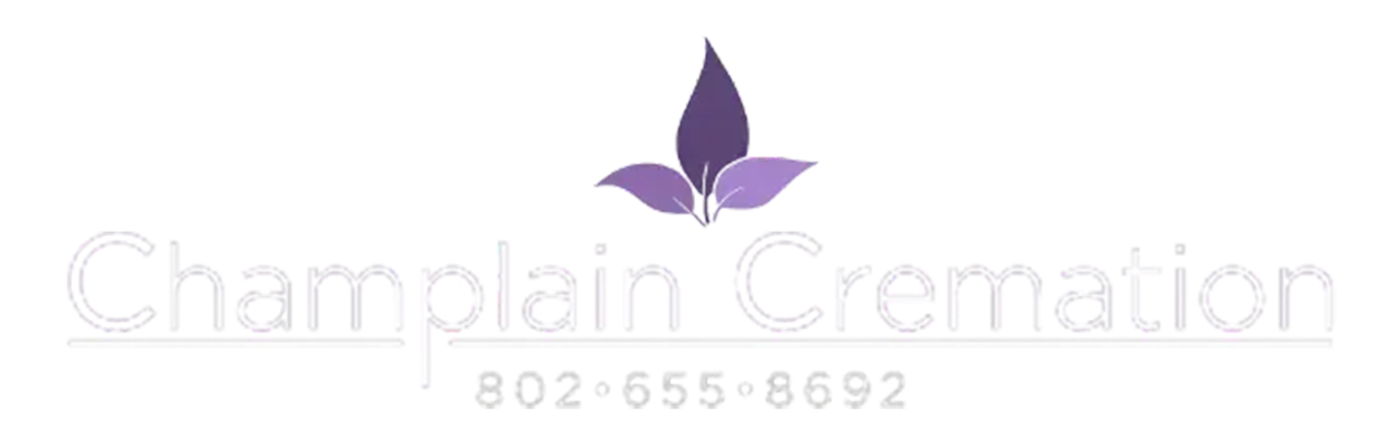 Champlain Cremation logo with purple flower icon and phone number 802-655-8692