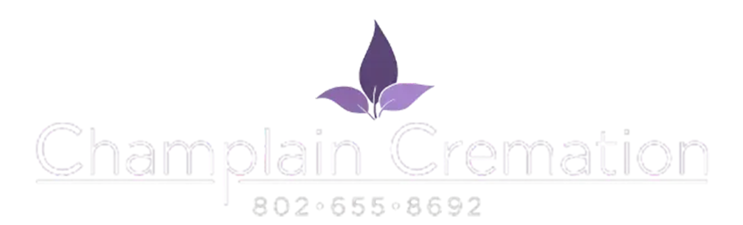 Champlain Cremation logo with purple flower icon and phone number 802-655-8692