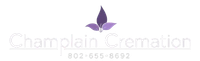 Champlain Cremation logo with purple flower icon and phone number 802-655-8692