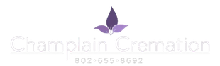 Champlain Cremation logo with purple flower icon and phone number 802-655-8692
