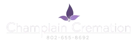 Champlain Cremation logo with purple flower icon and phone number 802-655-8692