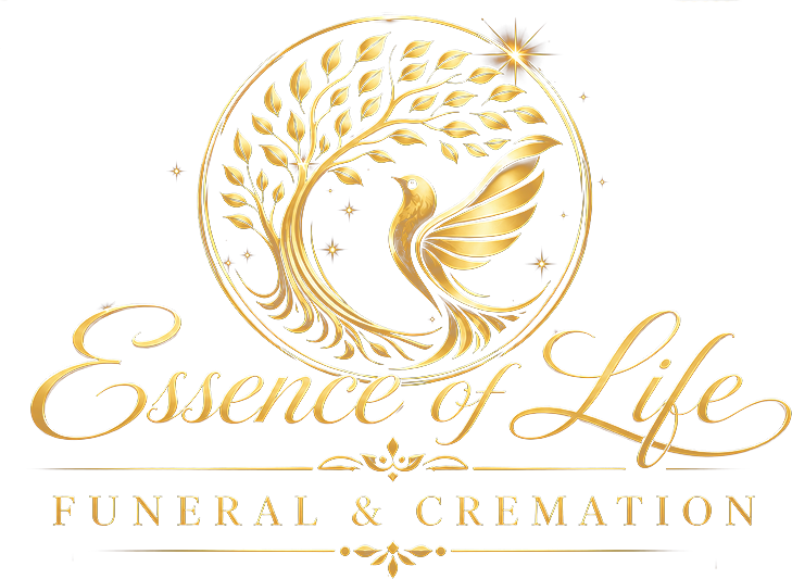 Gold logo for Essence of Life Funeral & Cremation with a dove and floral wreath