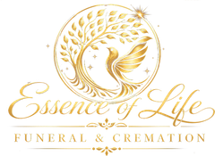 Gold logo for Essence of Life Funeral & Cremation with a dove and floral wreath