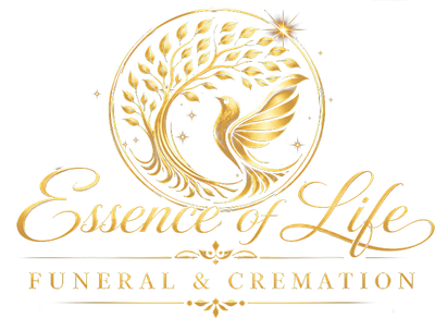 Gold logo for Essence of Life Funeral & Cremation with a dove and floral wreath
