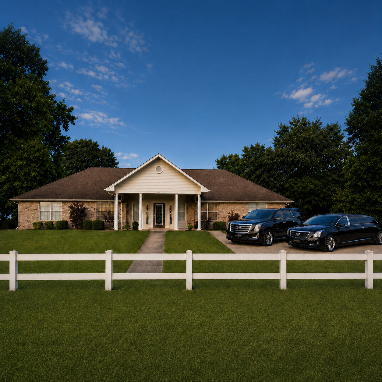 Single-story house with white fence, front lawn, and two parked cars under a blue sky