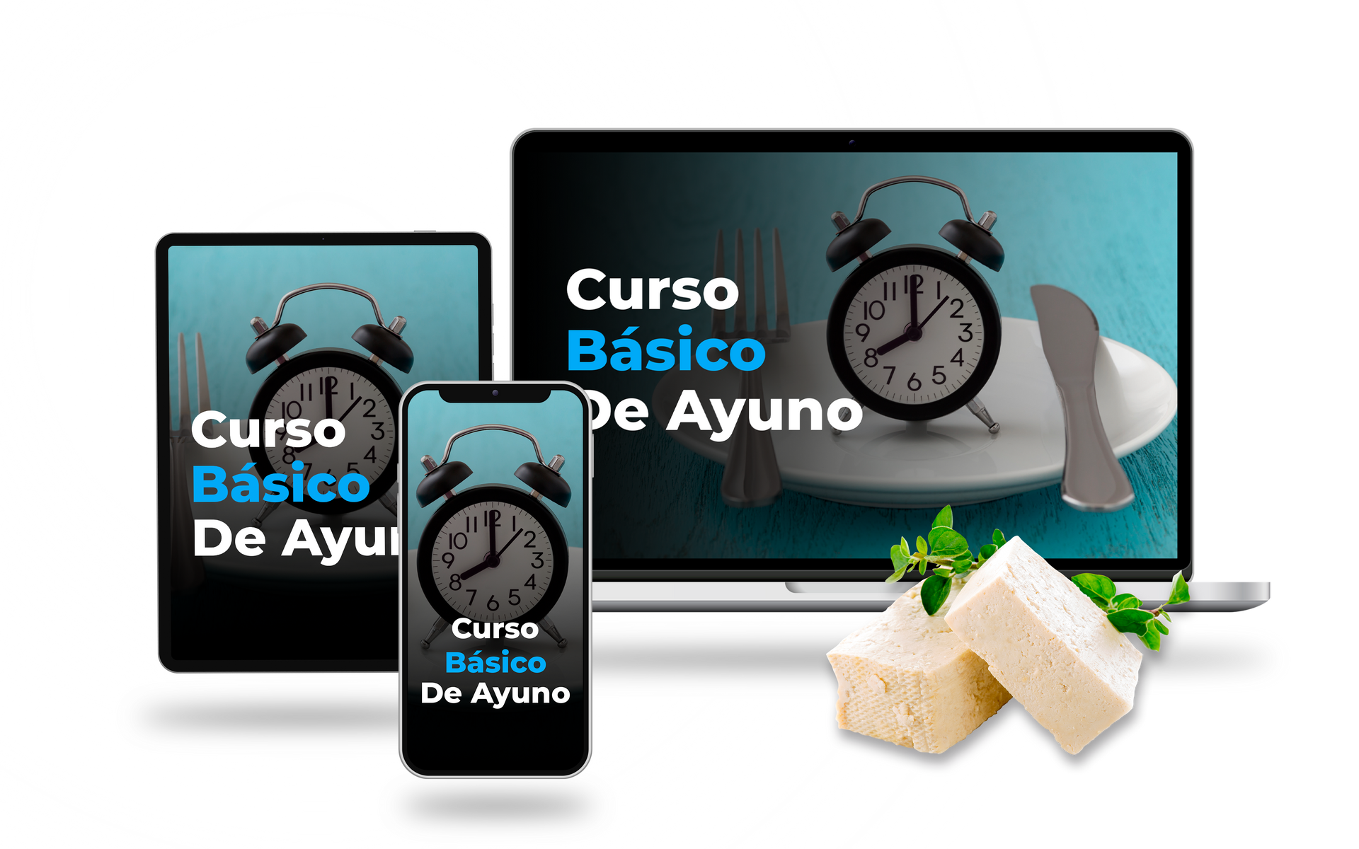 Una computadora portátil, una tableta y un teléfono celular con un reloj en la pantalla.