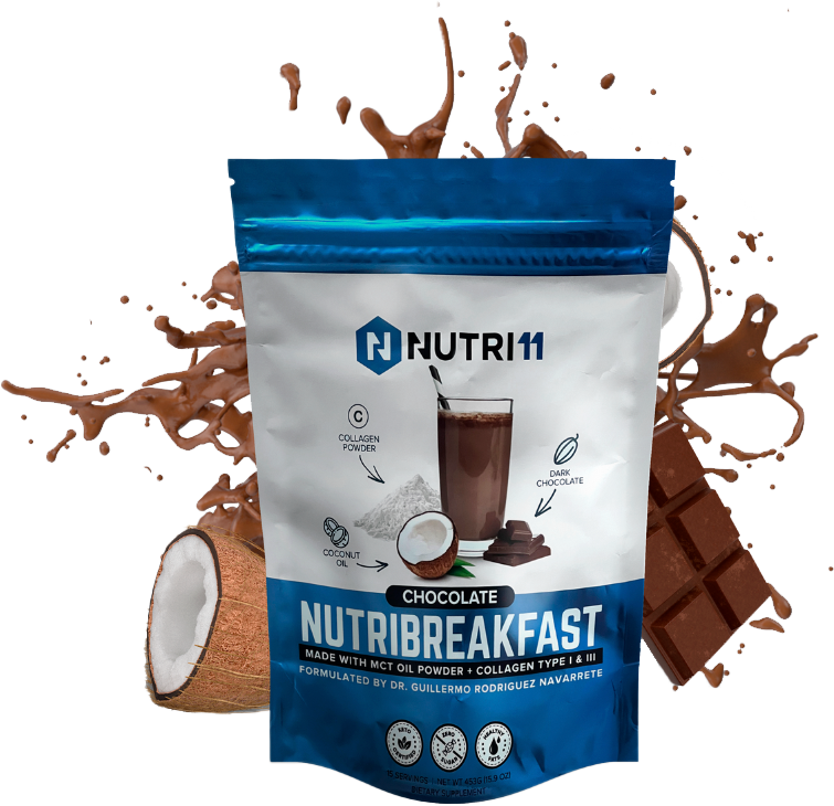Una bolsa de chocolate nutribreakfast junto a una barra de coco y chocolate.
