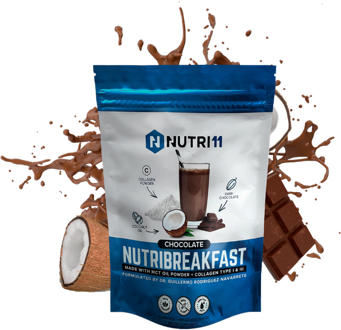 Una bolsa de chocolate nutribreakfast junto a una barra de coco y chocolate.