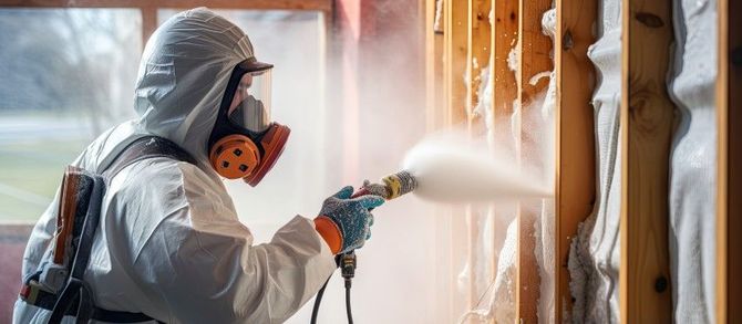Worker in protective suit spraying insulation or sealant onto a wall with a hose in a renovation site