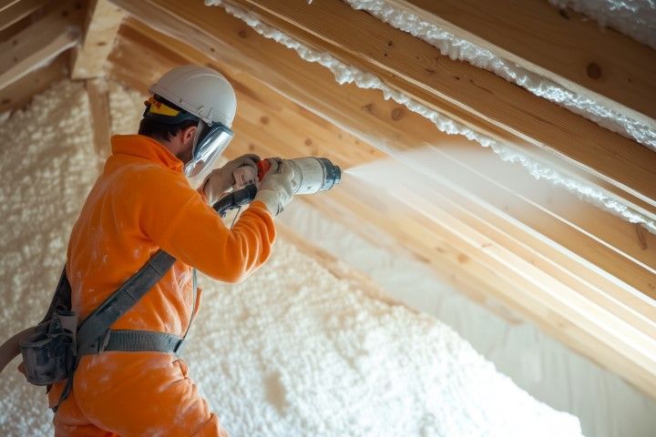 Worker in orange safety gear spraying insulation into an attic ceiling cavity