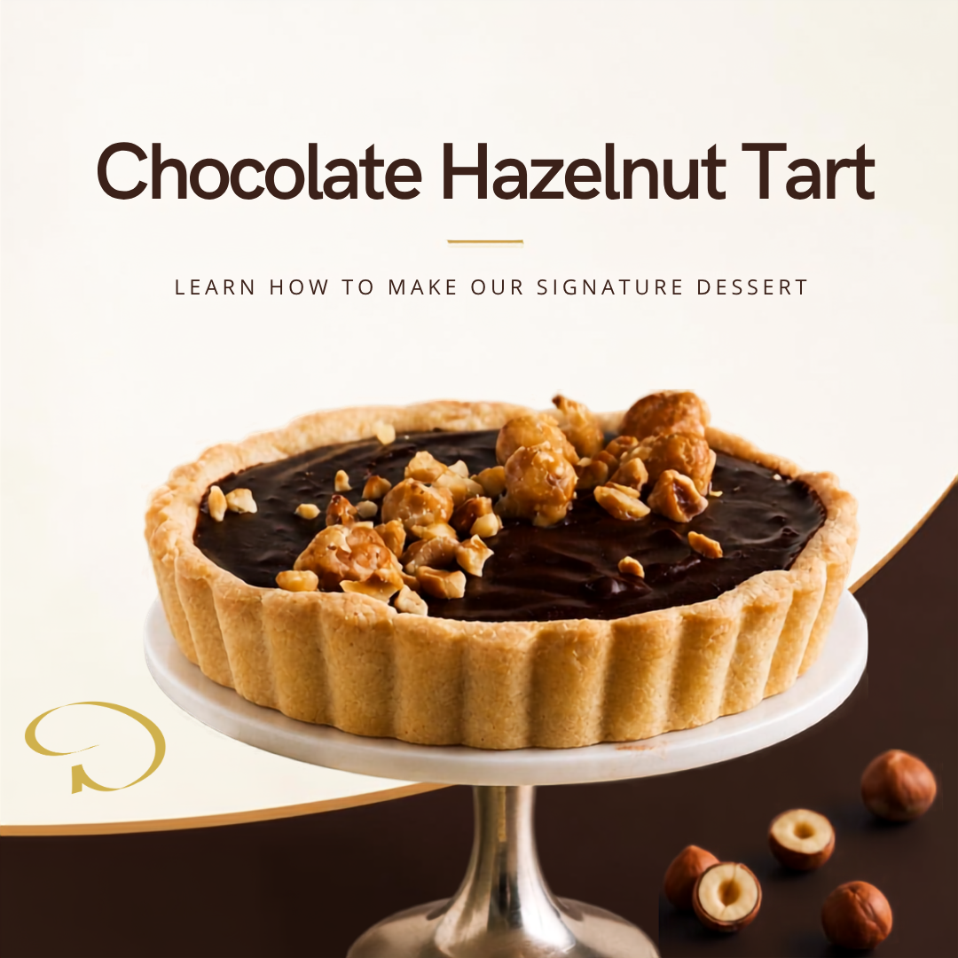 Chocolate hazelnut tart on a white cake stand with whole hazelnuts on a light background