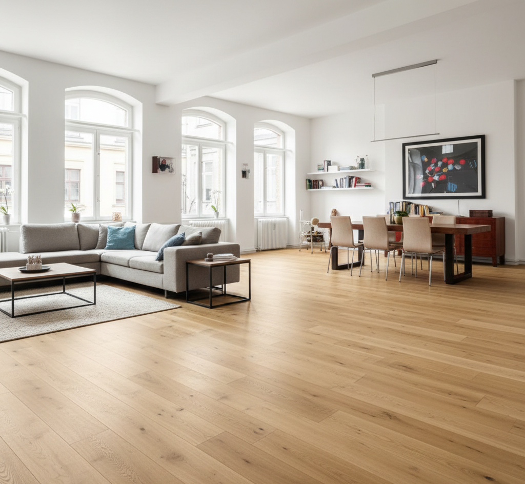 Ampio soggiorno con pavimenti in legno chiaro, divano componibile grigio e zona pranzo, il tutto inondato di luce naturale.