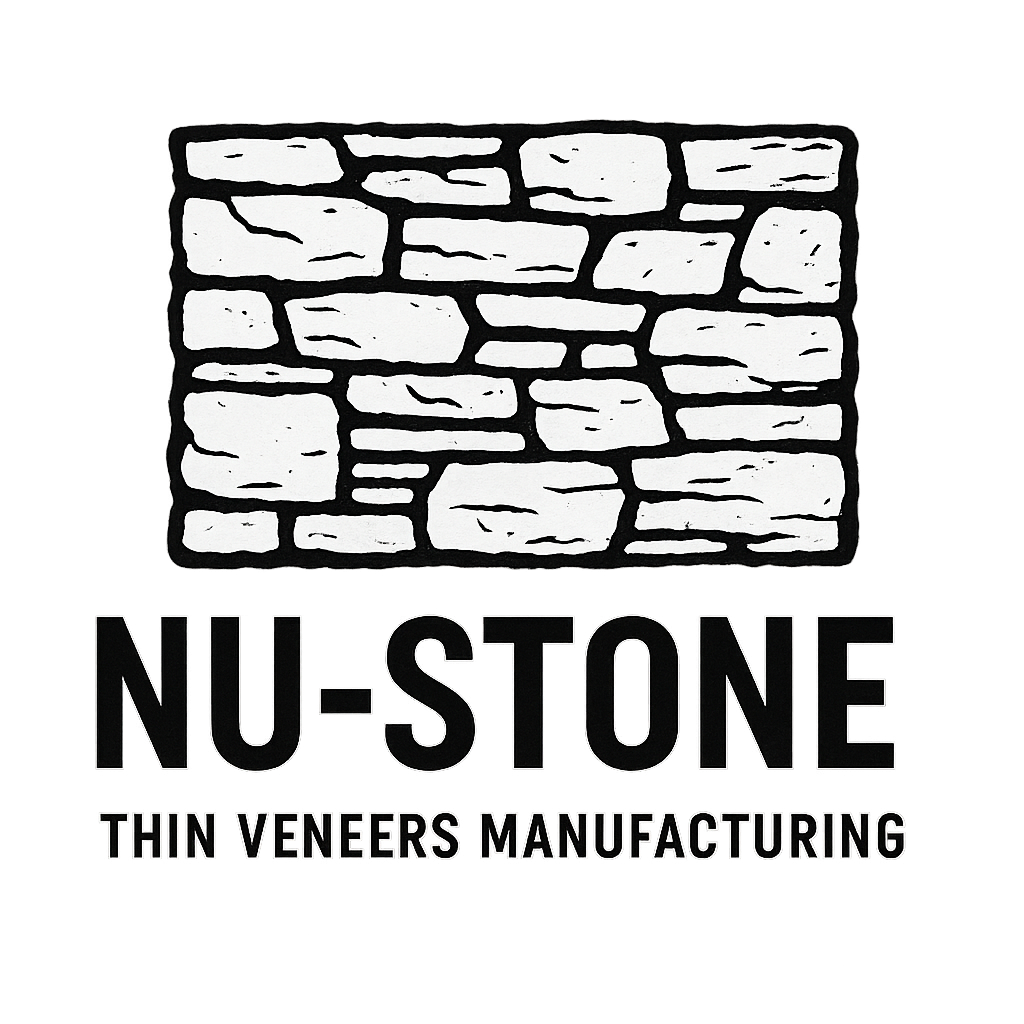 Logo for Nu-Stone: black and white stone wall illustration over the name "NU-STONE," with "THIN VENEERS MANUFACTURING" underneath.