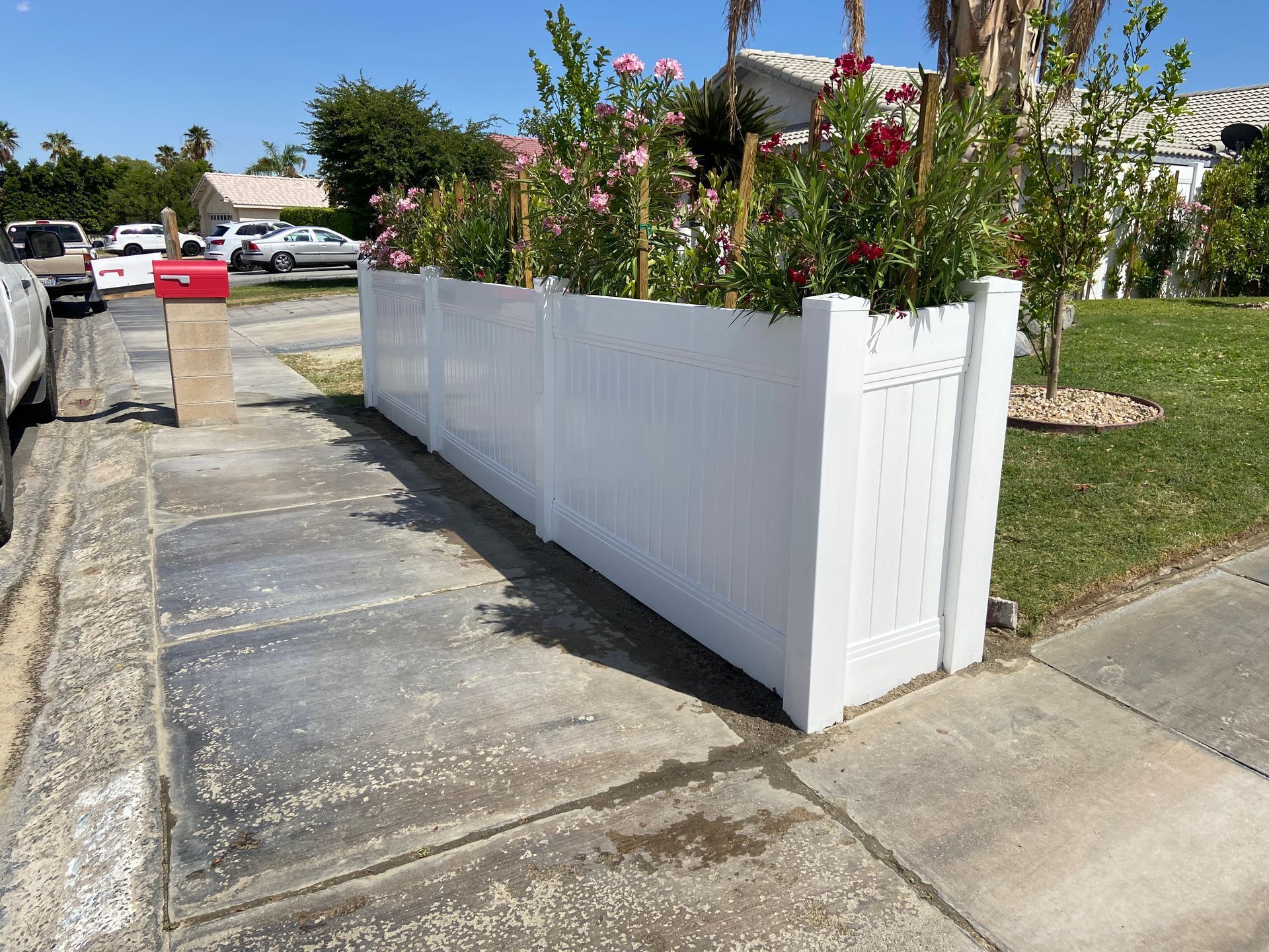 White fence-lined front garden with pink flowers beside a cracked concrete driveway on a sunny street