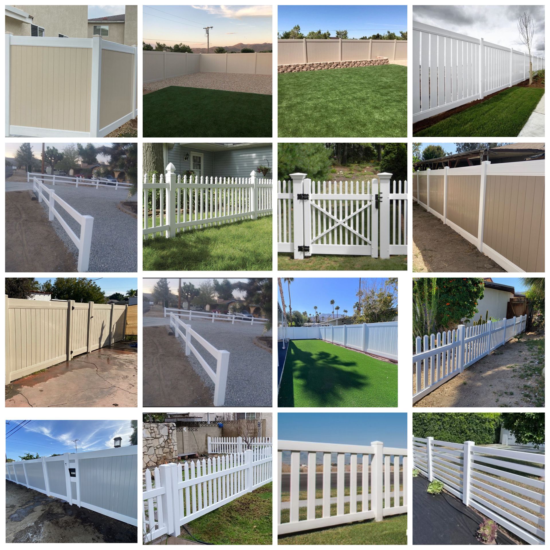 Collage of white vinyl and picket fences in suburban yards and along property lines