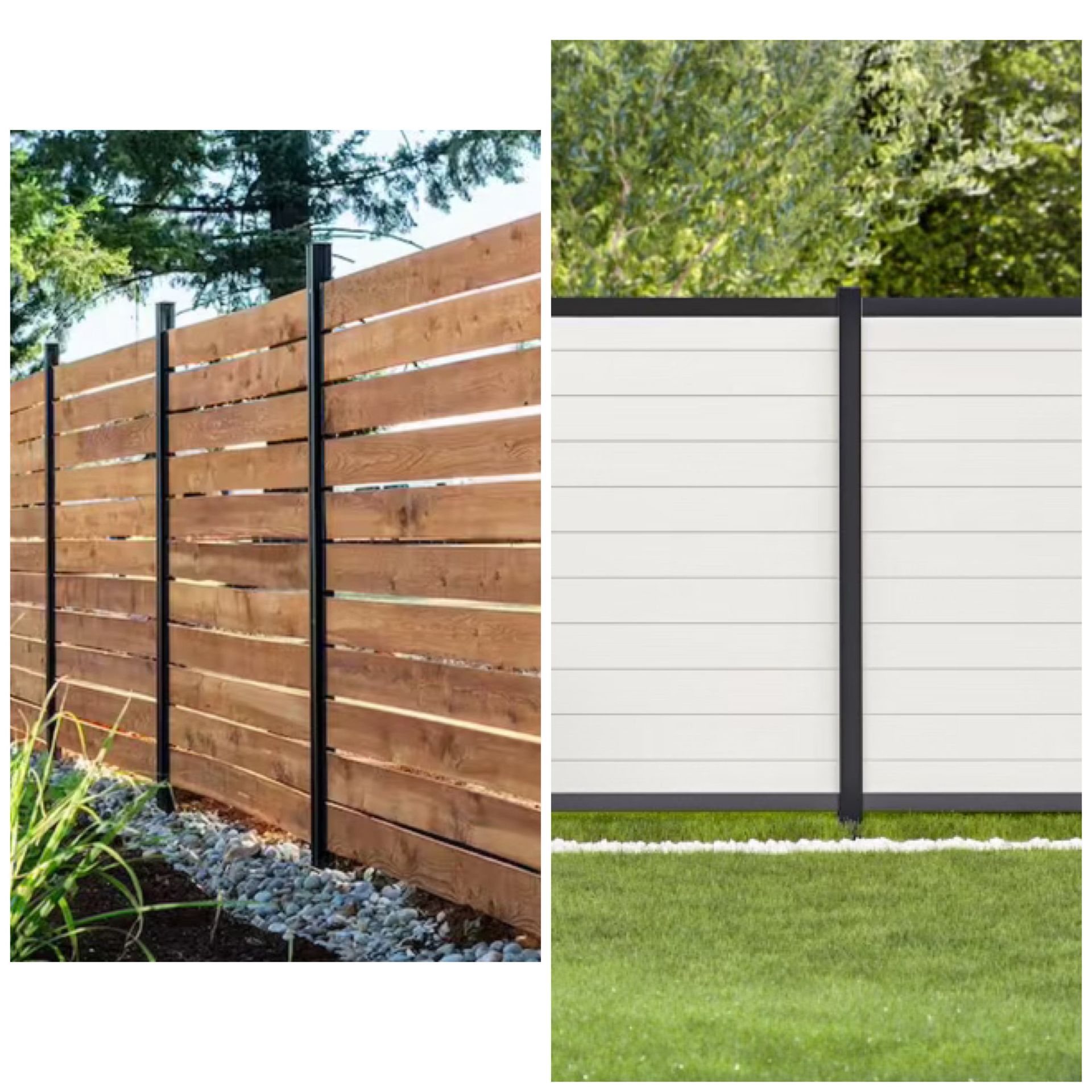Split view of a wooden privacy fence and a white modern fence with black posts along a lawn