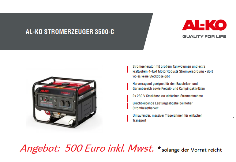 AL-KO Generator mit rot-schwarzem Rahmen, wird im Text für 500 Euro angeboten.