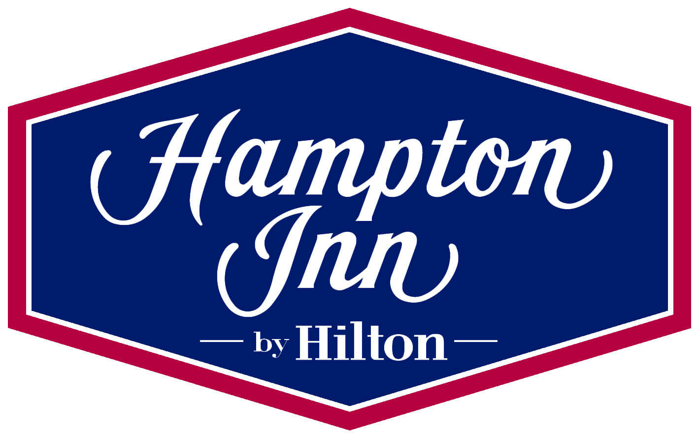 Hampton Inn by Hilton logo in white text on a blue shield with red outline