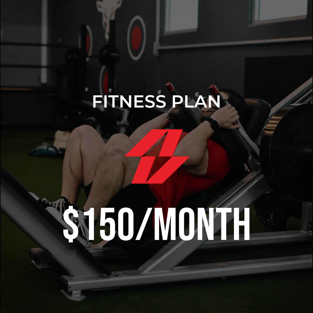 Fitness plan ad showing a person exercising in a gym, with “$150/month” text.
