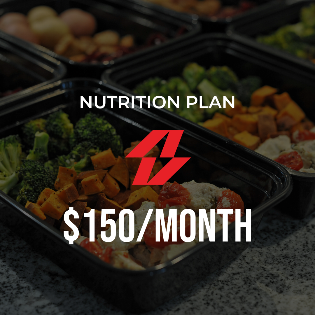 Nutrition plan with meal prep containers and text “$150/month”