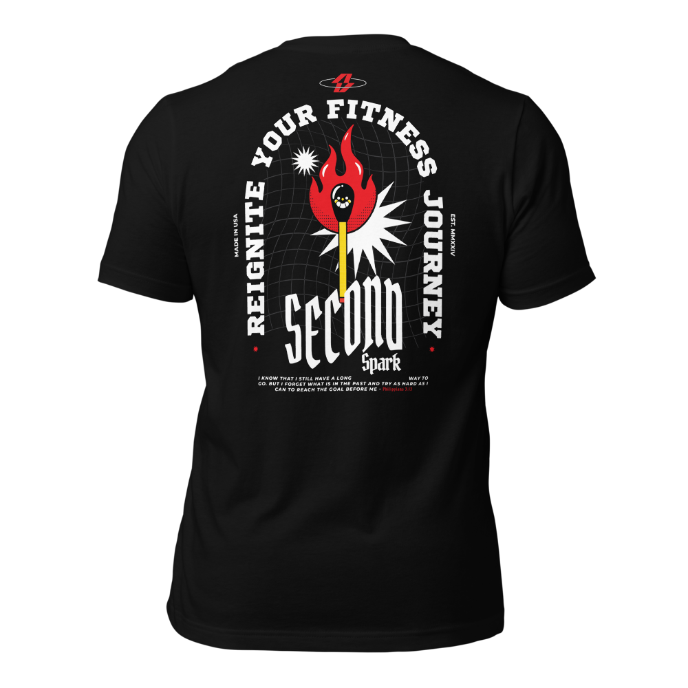 A black t-shirt with a red logo on the front