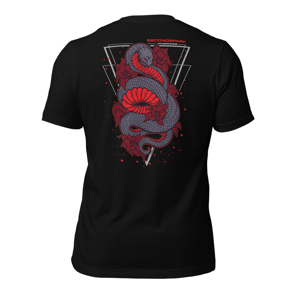 Black T-shirt with a red and gray coiled snake graphic over geometric lines and splatter accents