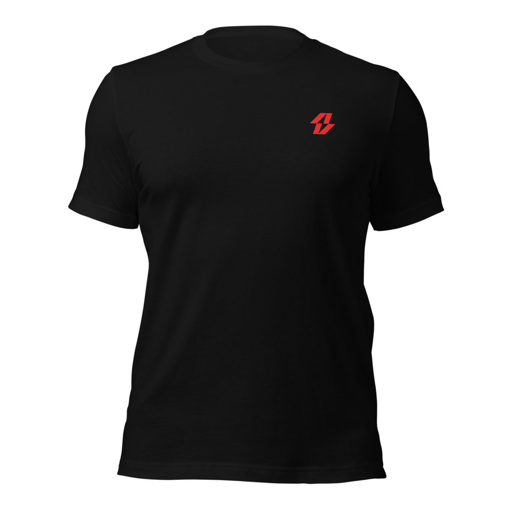 A black t-shirt with a red logo on the front