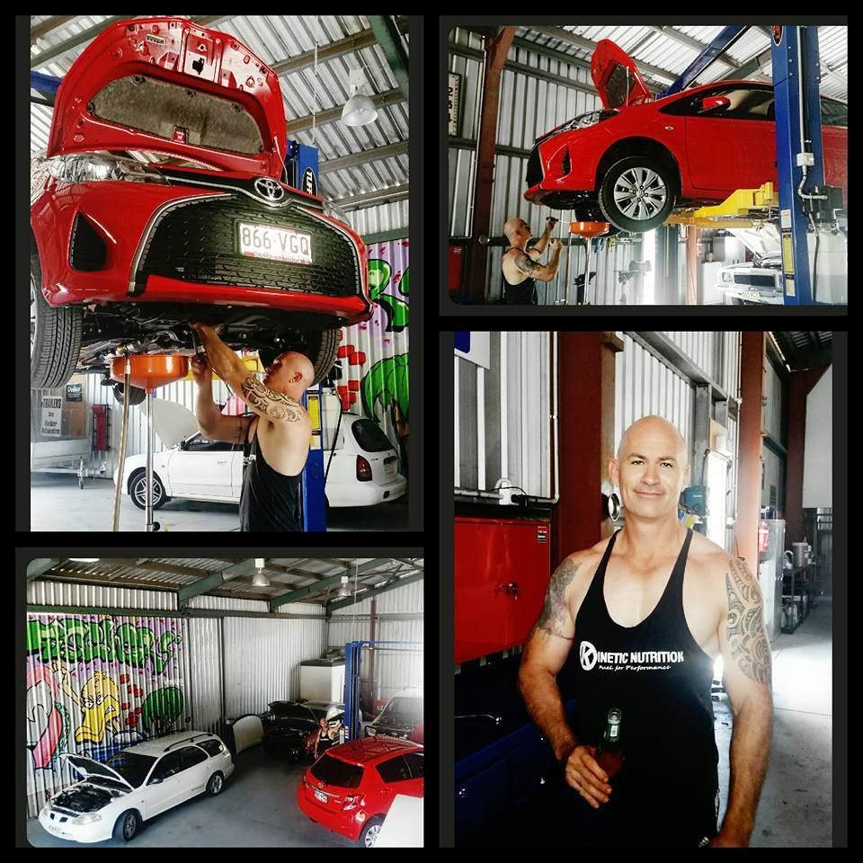 Car Workshop Collage Showing a Red Car on a Lift — Fischer Automotive in Svensson Heights, QLD