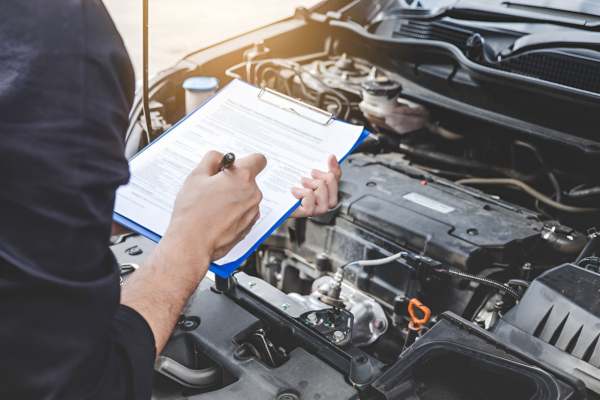 Mechanic Writing on a Clipboard Beside an Car Engine — Fischer Automotive in Svensson Heights, QLD