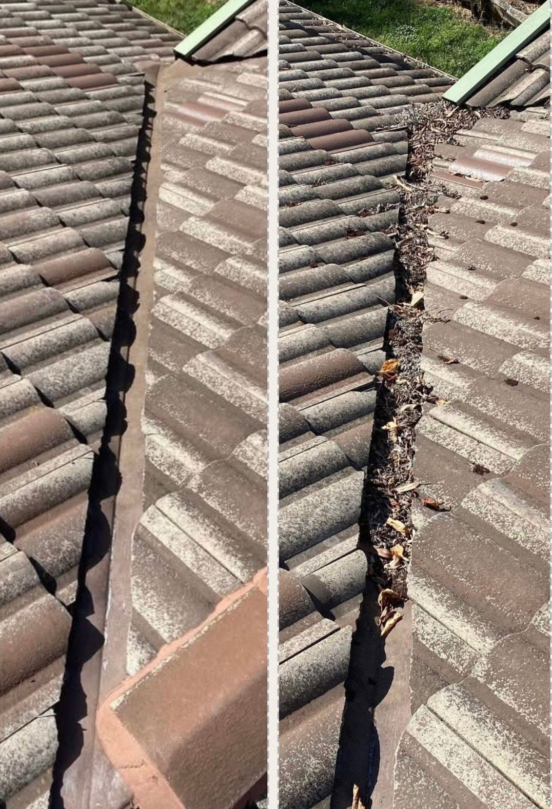 A before and after picture of a gutter on a tiled roof — RJT Roofing In Gungahlin, ACT