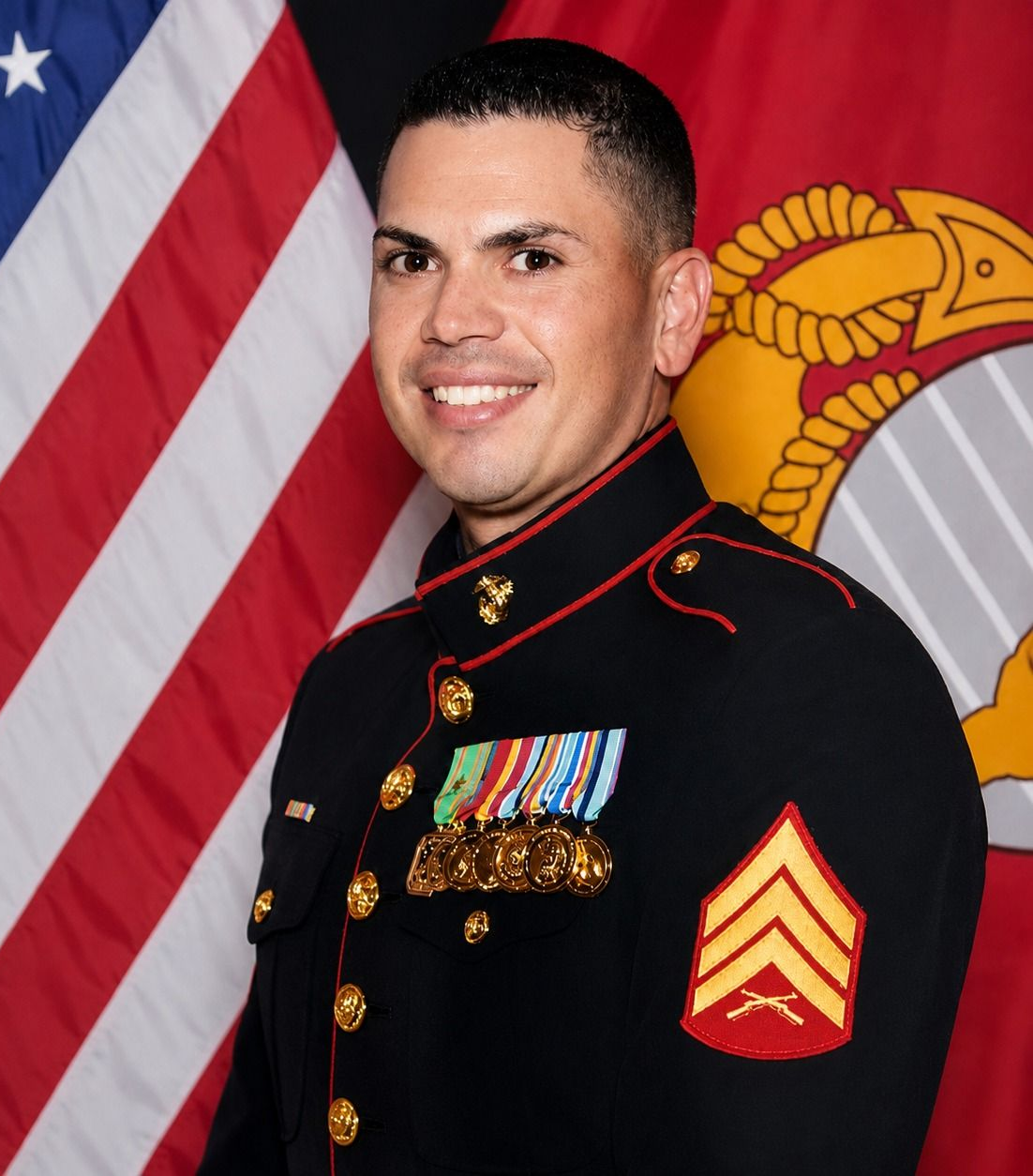Military portrait of a smiling Marine in dress uniform with American and Marine Corps flags