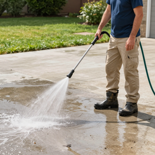 Person pressure-washing a concrete driveway on a sunny day
