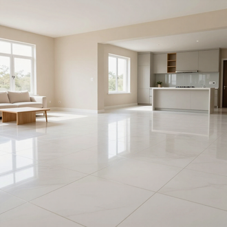 Bright empty living room with glossy white tile floor, beige walls, and a kitchen opening on the right.