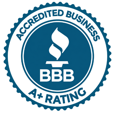 BBB Accredited Business A+ Rating badge in blue and white