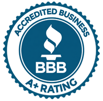 BBB Accredited Business A+ Rating seal in blue and white
