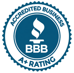 BBB Accredited Business A+ Rating seal in blue and white