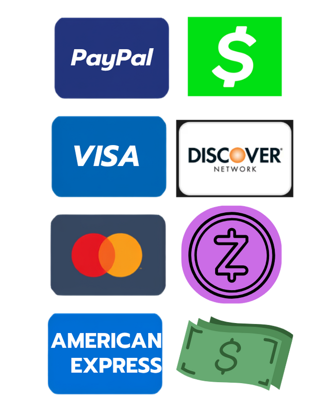 Payment method icons: PayPal, Visa, Discover, Mastercard, Zelle, American Express, and cash.