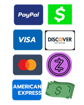 Payment method icons: PayPal, Visa, Discover, Mastercard, Zelle, American Express, and cash.