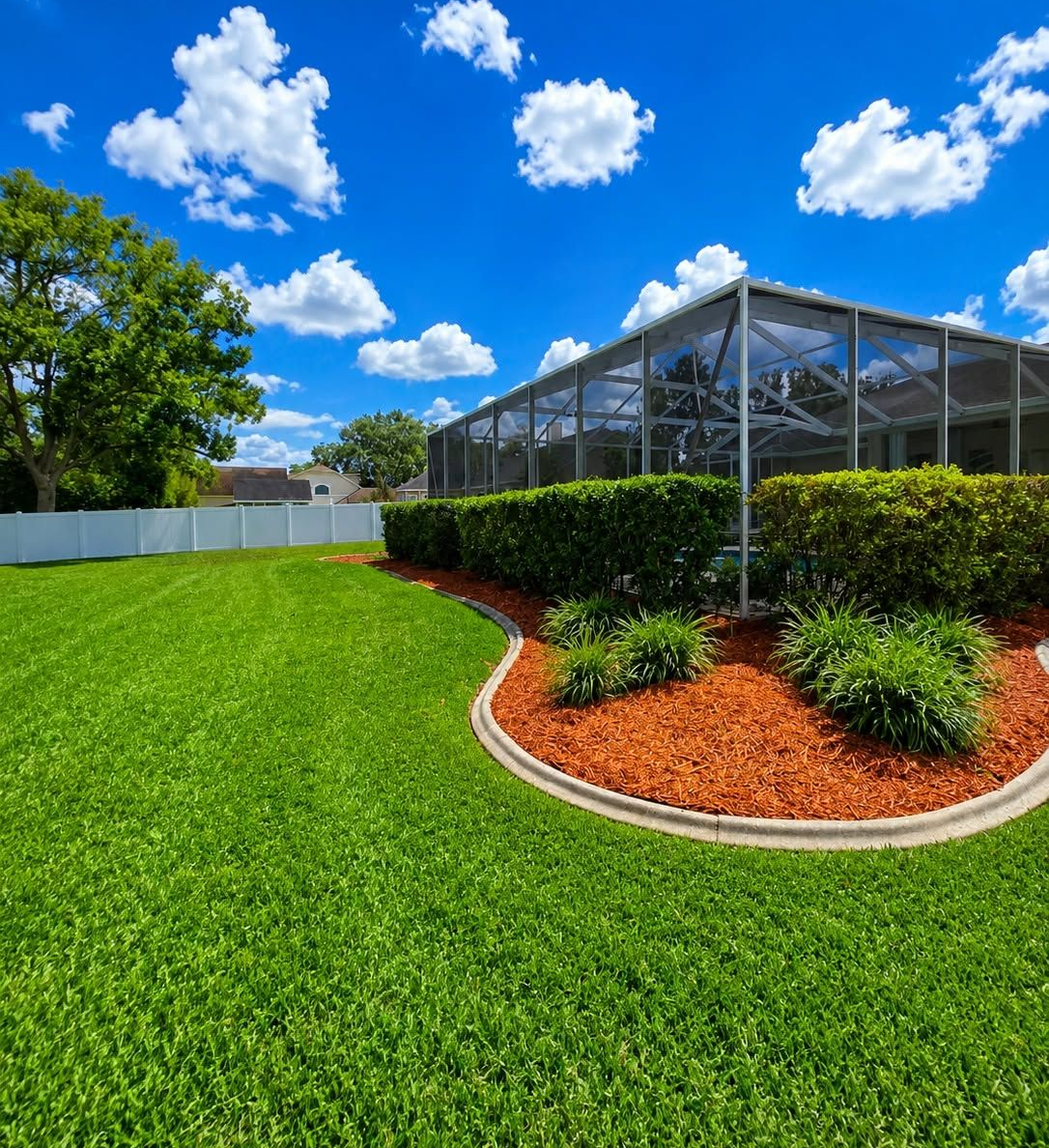 Bright green lawn beside a screened patio, trimmed hedges, and a blue sky with fluffy clouds.