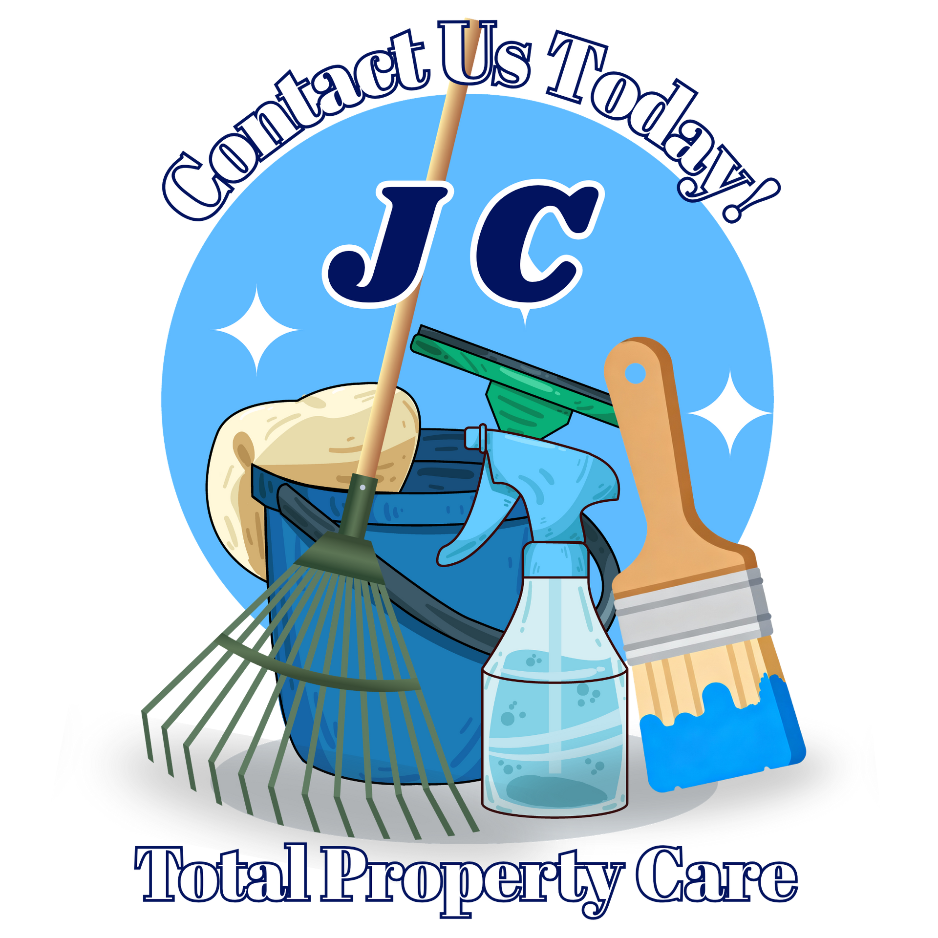 Logo for JC Total Property Care with cleaning tools in a blue circle and “Contact Us Today” text