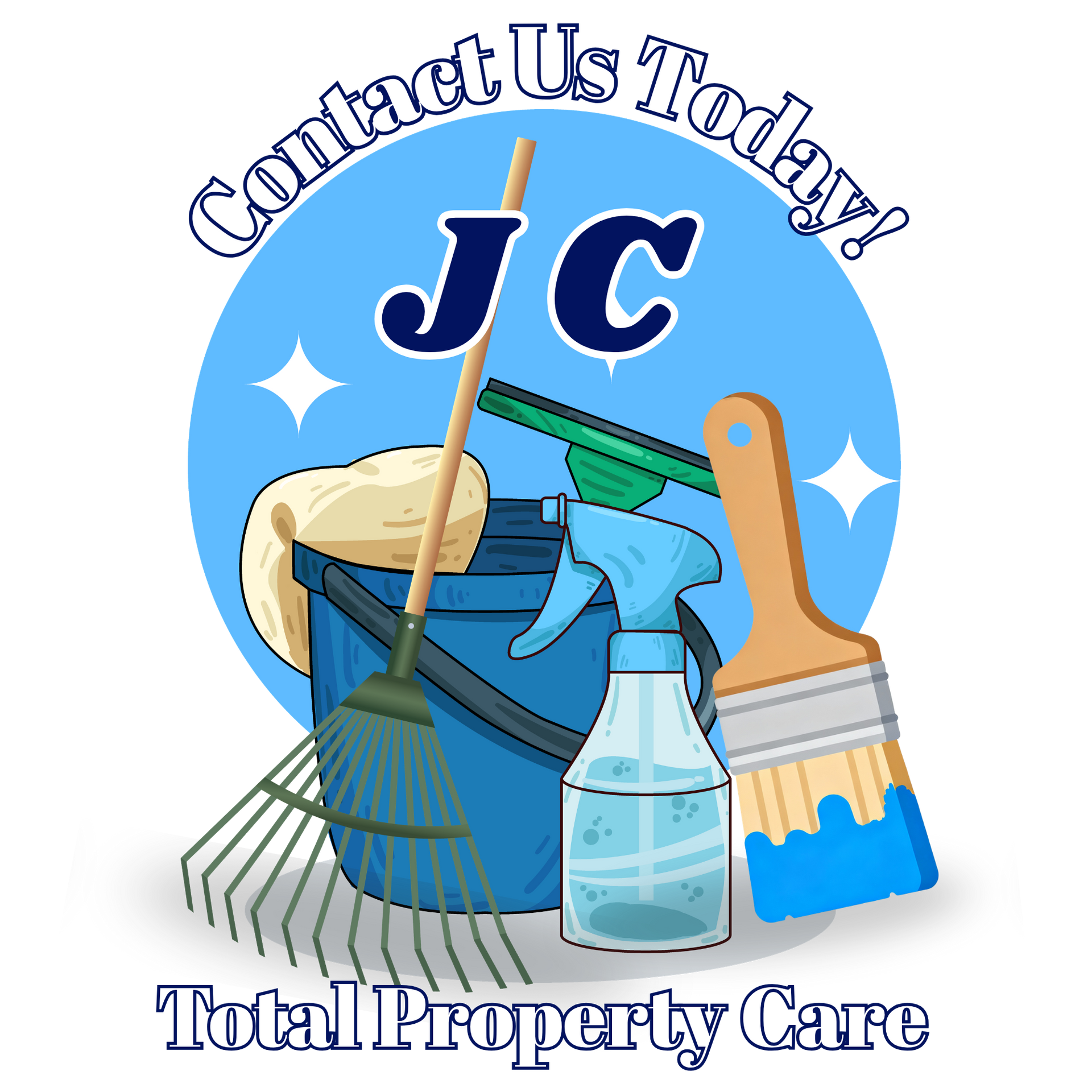JC Total Property Care logo with cleaning tools, blue circle, and “Contact Us Today” text
