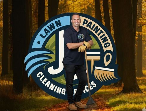 Man standing before a Lawn Painting and Cleaning Services logo in a forest scene