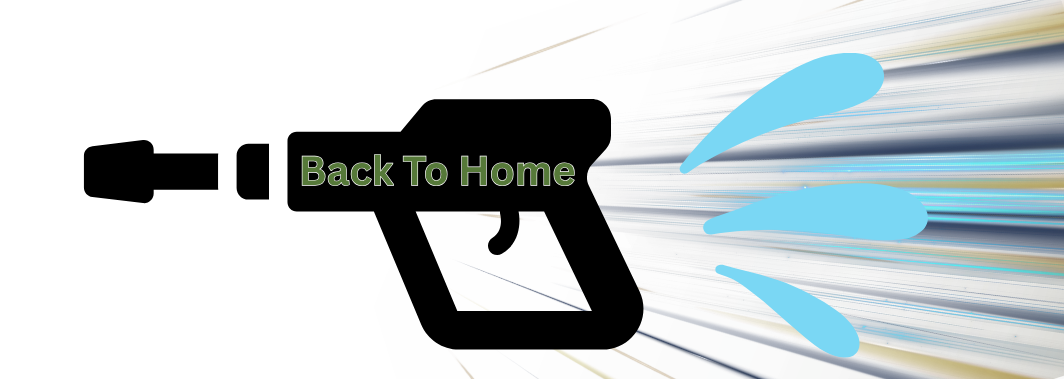 Black back button icon with green “Back To Home” text and blue motion streaks on white background