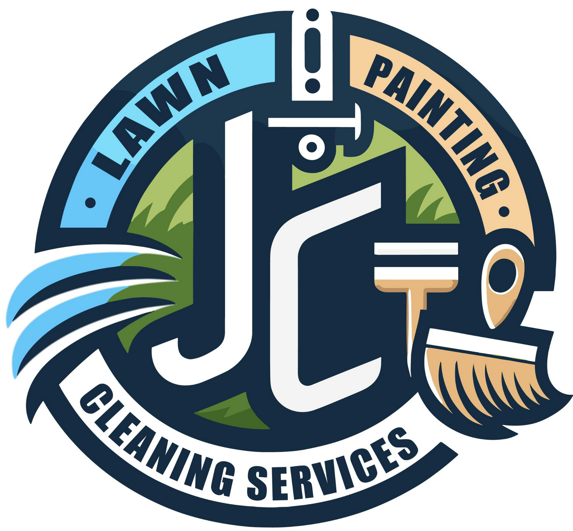 Logo for lawn, painting, and cleaning services with blue, green, black, and tan tools text