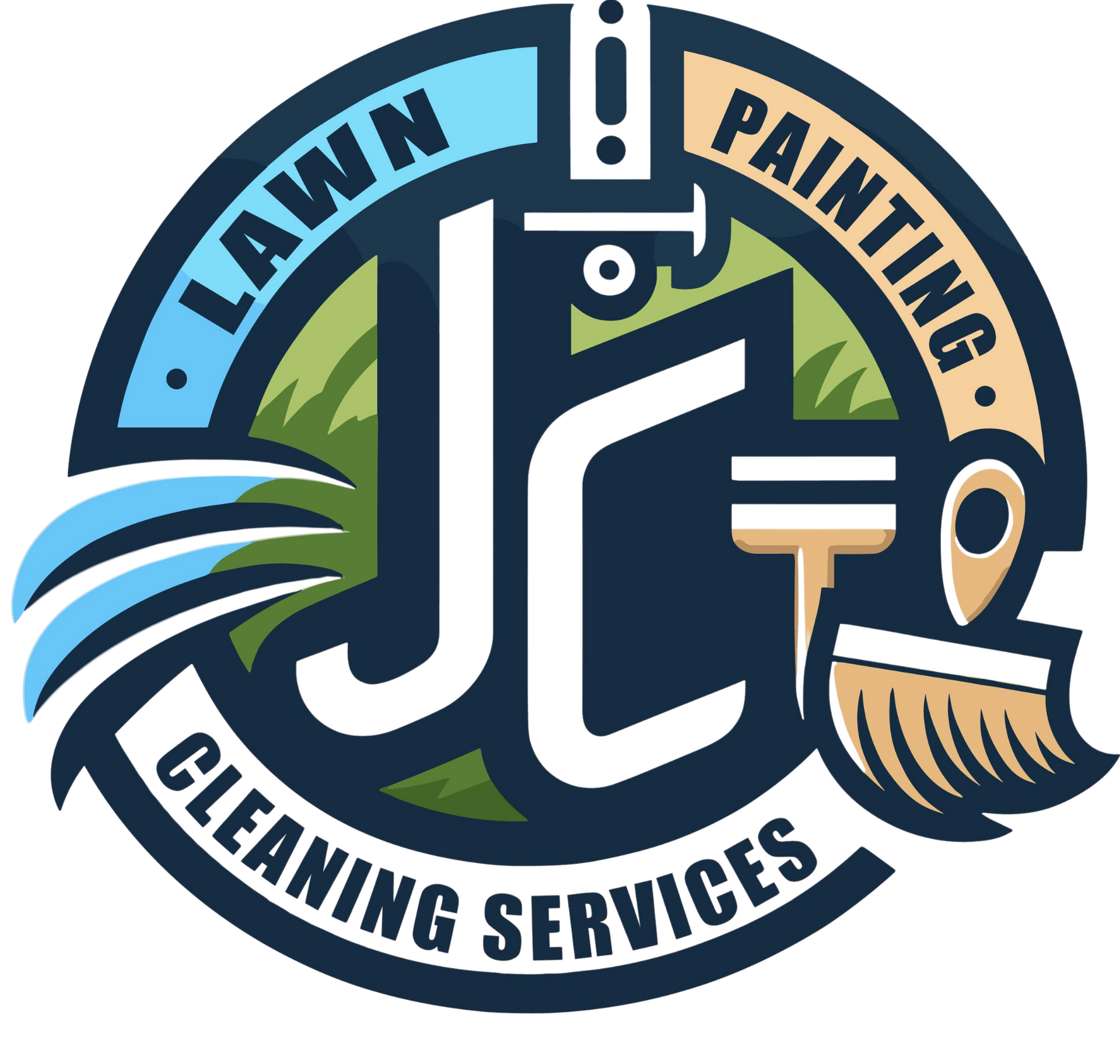 Logo for JC Lawn Painting Cleaning Services with blue, tan, and white lettering and broom icon