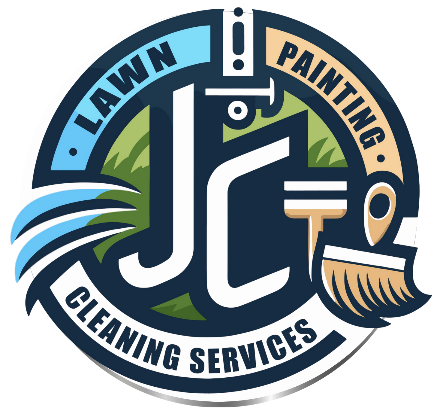 Logo for lawn, painting, and cleaning services in blue, green, and beige with a broom and paintbrush icons